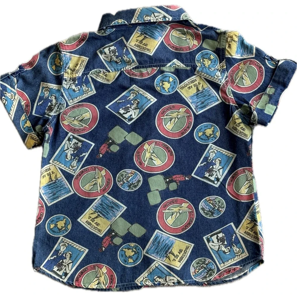 Sag Harbor Sport Petite Vintage Travel Postcard Print Denim Shirt RARE FIND